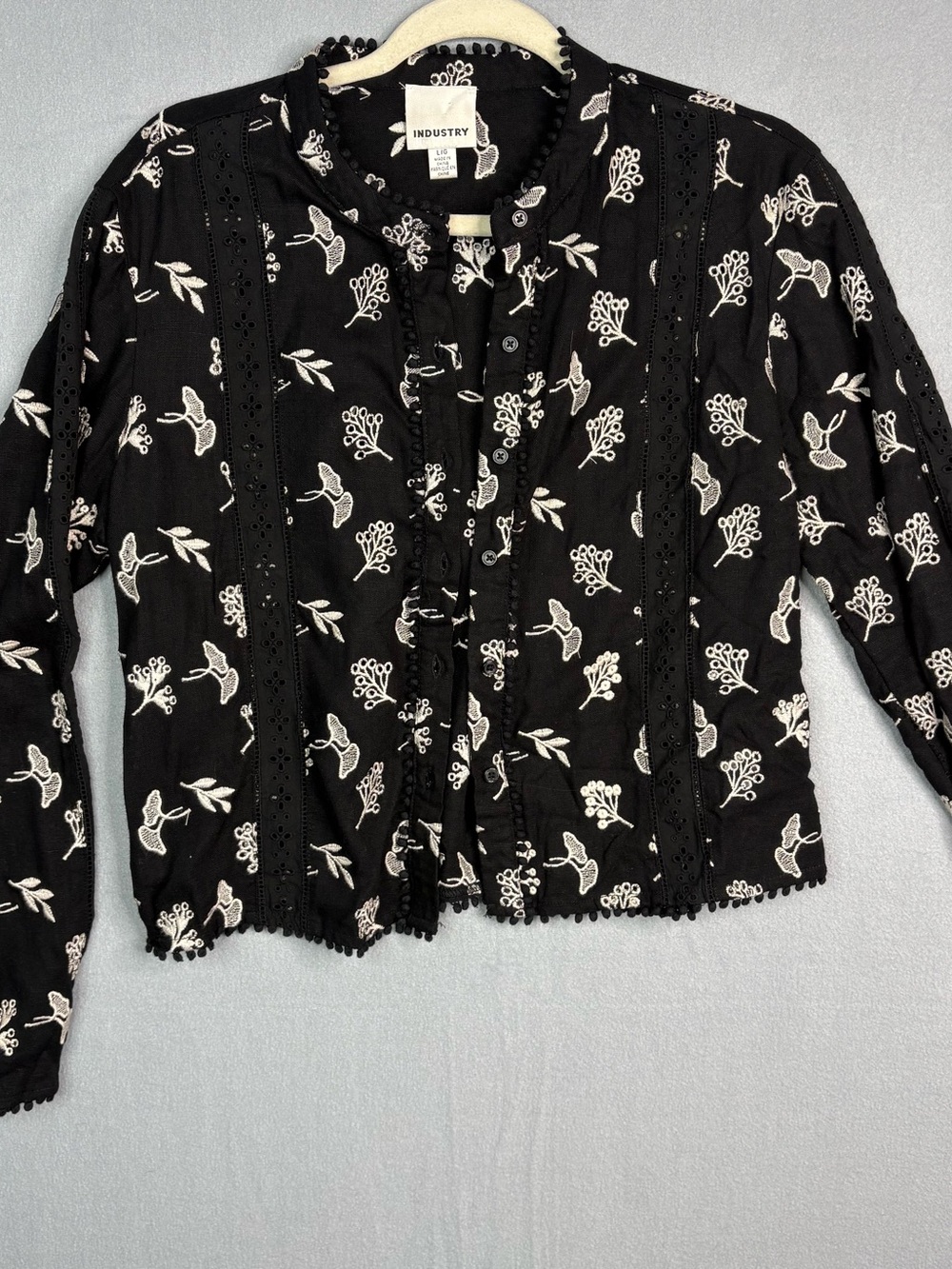 Industry Embroidered Floral Bird Boho Blouse Top Black Linen Blend L